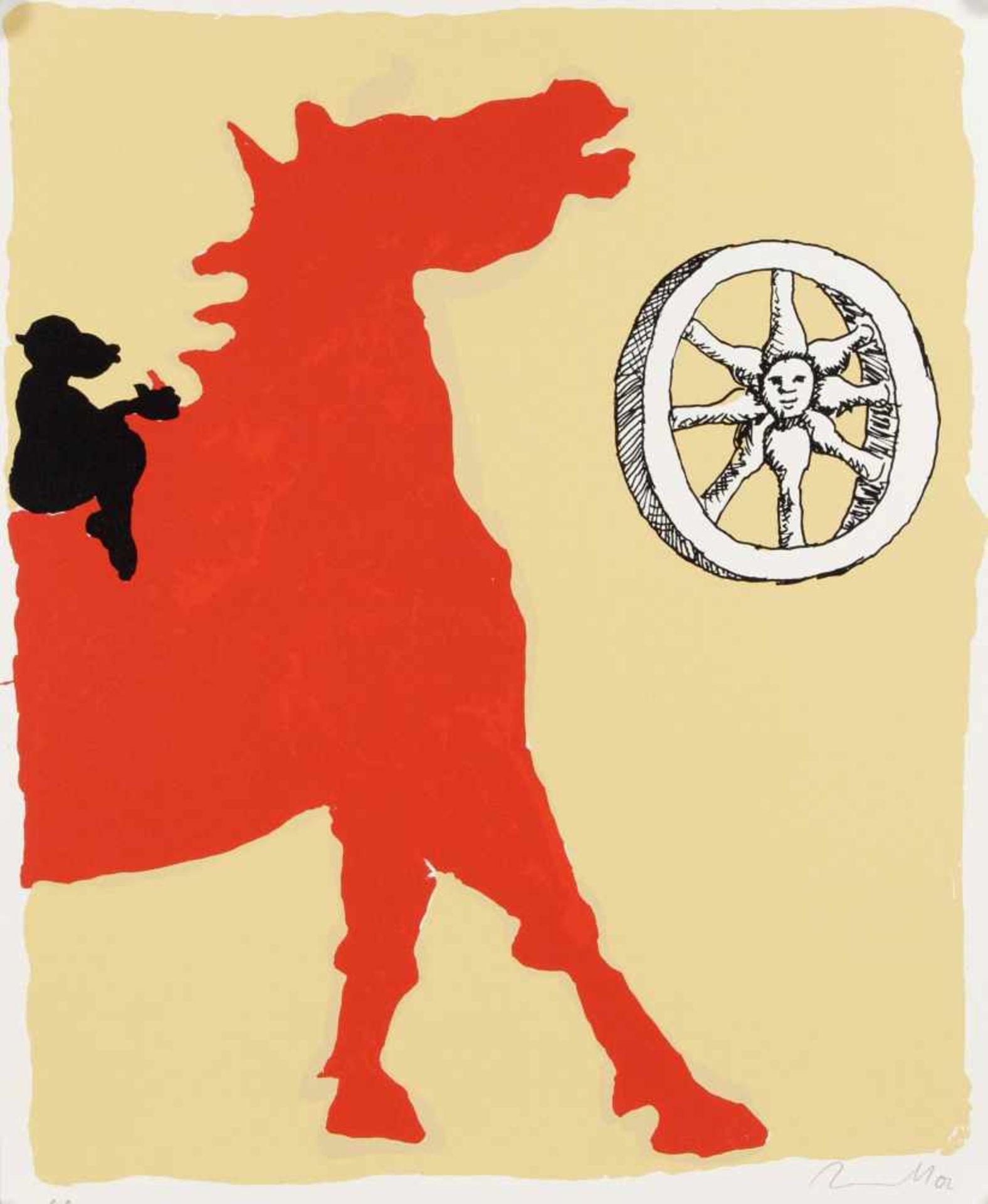 Jörg Immendorff (1945-2007), Affe auf rotem Pferd und Rad, Farbserigraphie auf leichtemKarton, 2002,