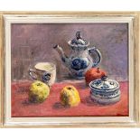 Kyrill. sign. "Frischas", russischer Maler 2. H. 20. Jh., Stillleben mit Teeservice undÄpfeln, Öl