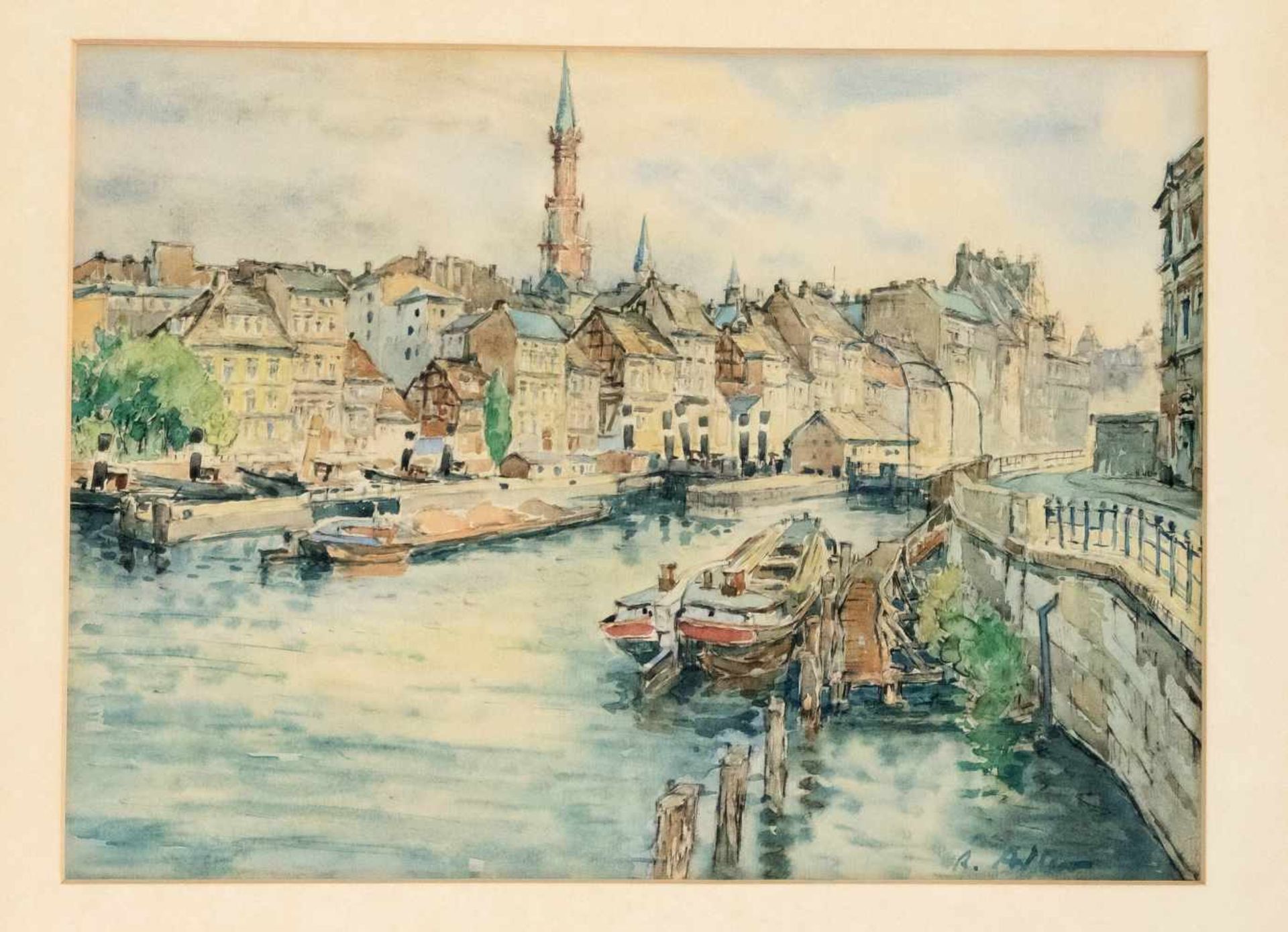 Richard Adler (1906-1977), dt. Grafiker und Maler von Stadtansichten, Altstadt am Fluß,Aquarell