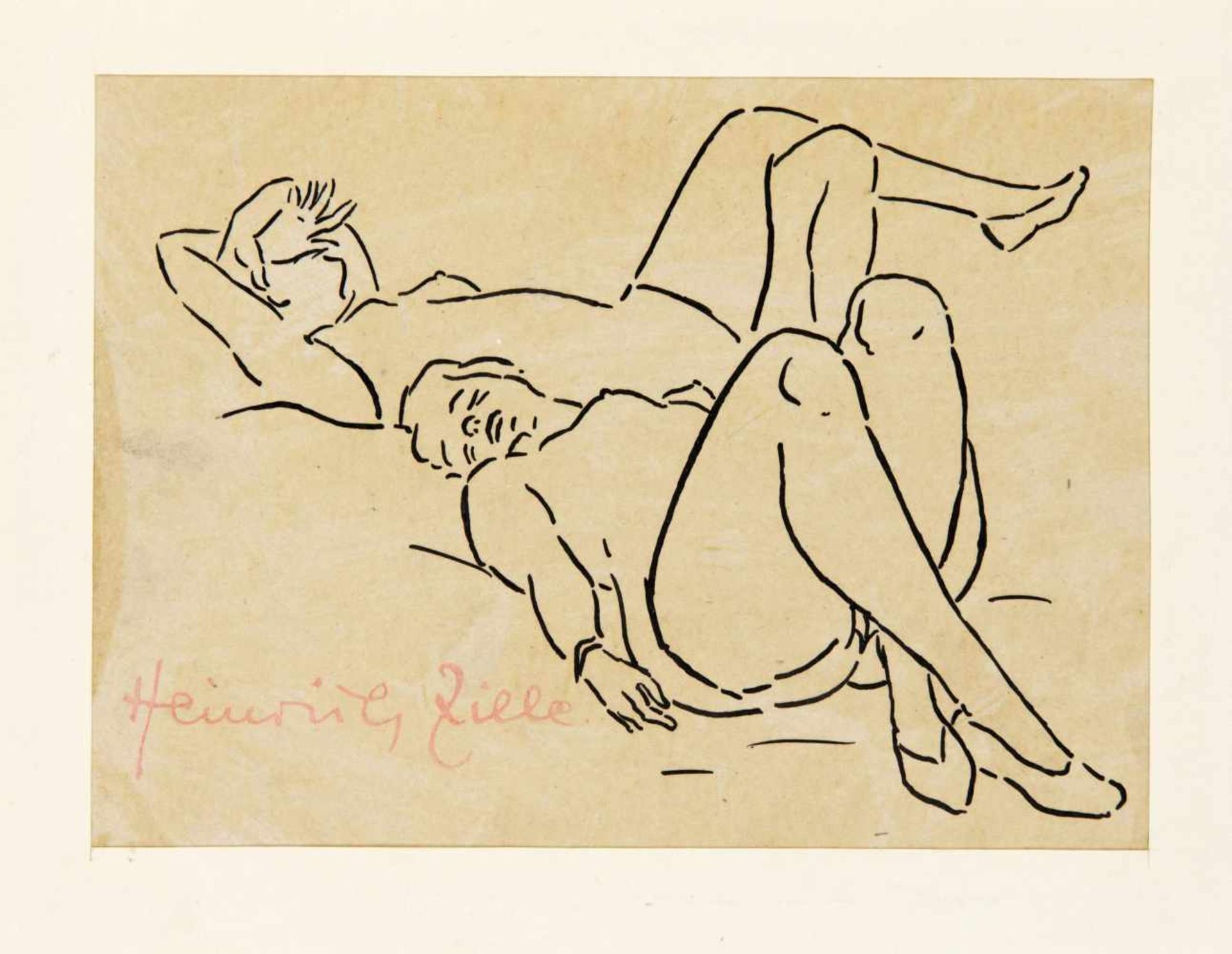 Heinrich Zille (1858-1929), zwei liegende Frauen am Strand, Umrisszeichnung in Feder aufPapier, u.