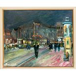 Bruno Lück (1887-?), Vedutenmaler in Berlin, nächtliche Straßenszene in Berlin, Öl aufHartfaser,