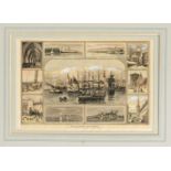 Souvenirblatt mit Ansichten von Riga, 19. Jh., eine zentrale Ansicht des Hafens von 10kleineren