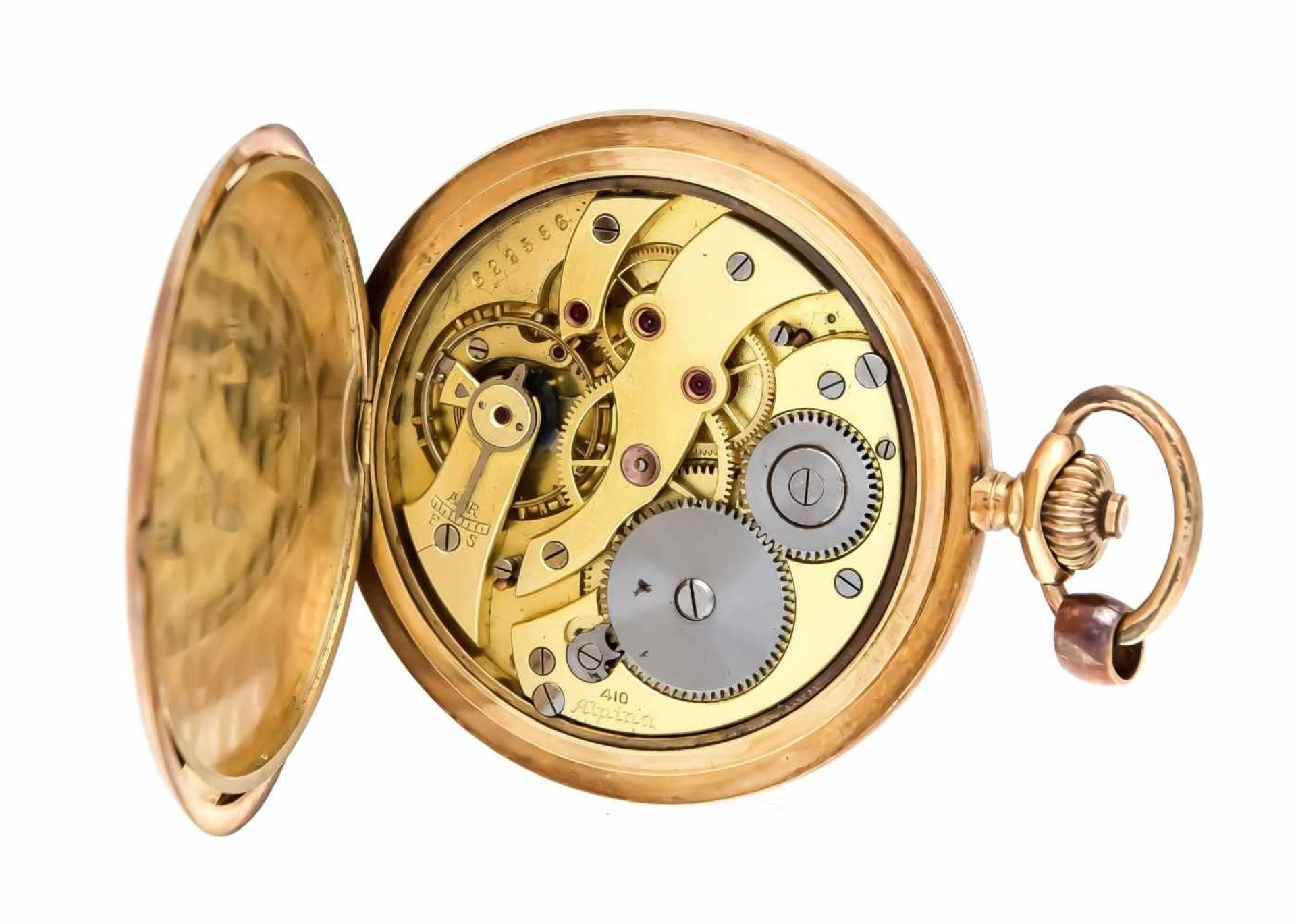 Alpina Sprungdeckel Taschenuhr, 3 Deckel GG 585/000, Frontdeckel mit Monogramm " EK" ,Uhrwerk Kal. - Bild 2 aus 3