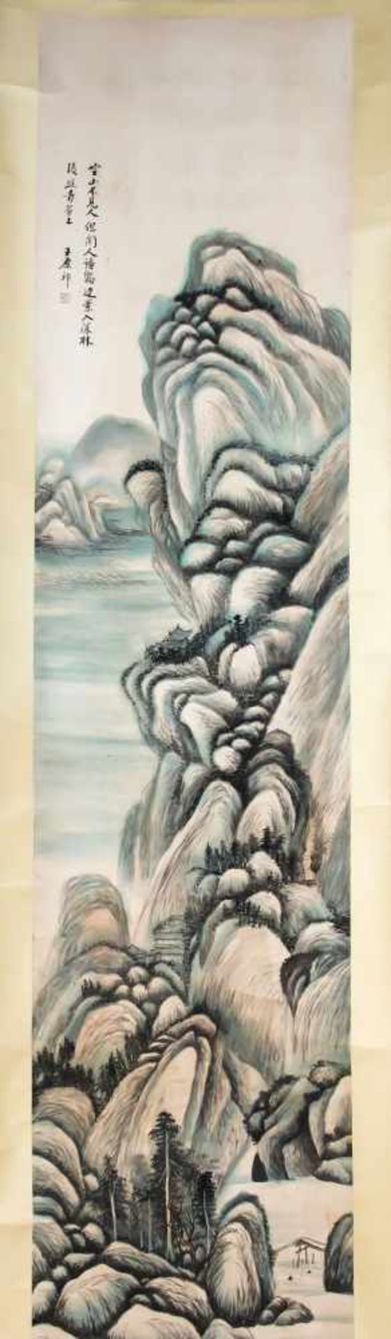 Große Hängerolle, China, 20. Jh., Darstellung einer Flußlandschaft mit steilen Felsen undkleinen