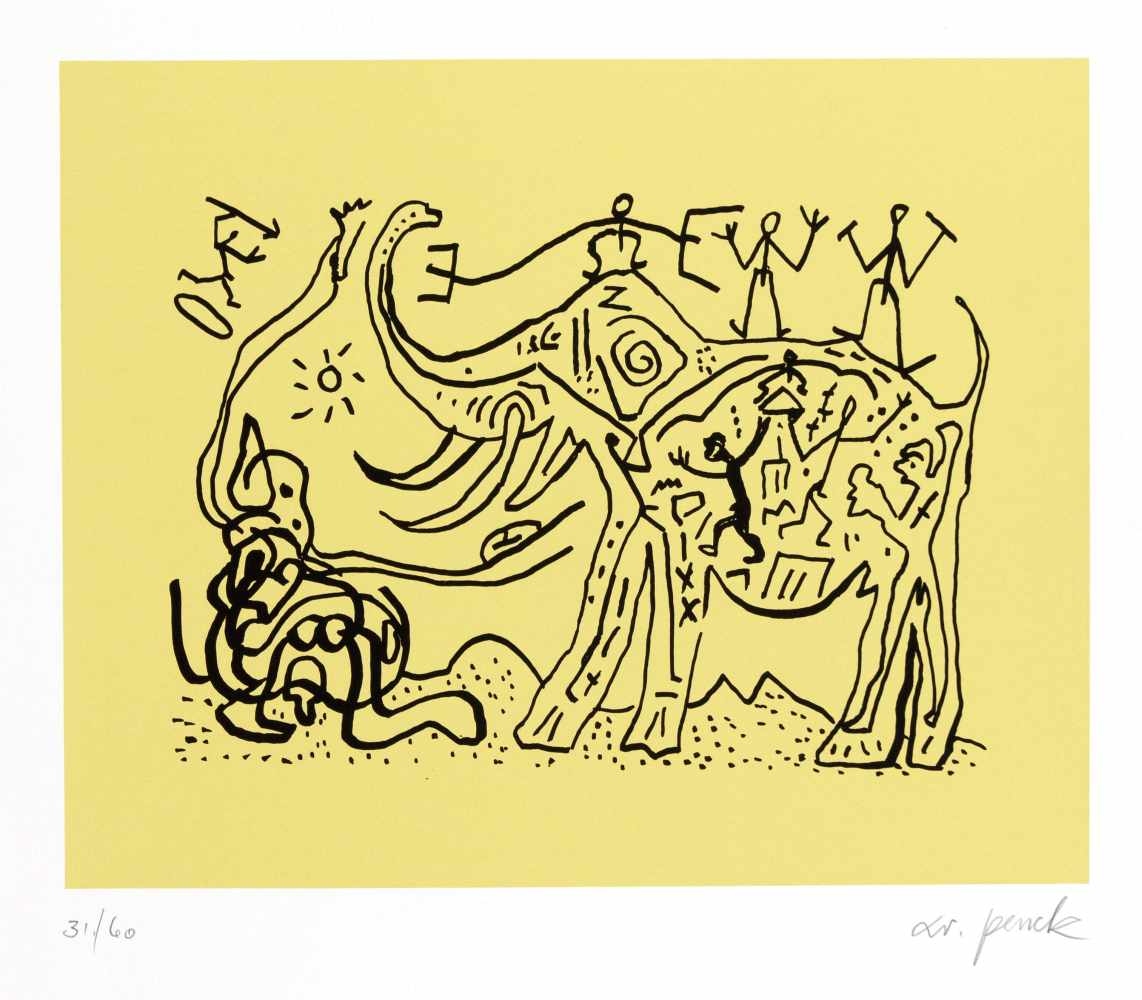 A.R. Penck (1939-2016), "Gelber Elefant", Gicleedruck auf festem Papier, u. re. mitBleistift