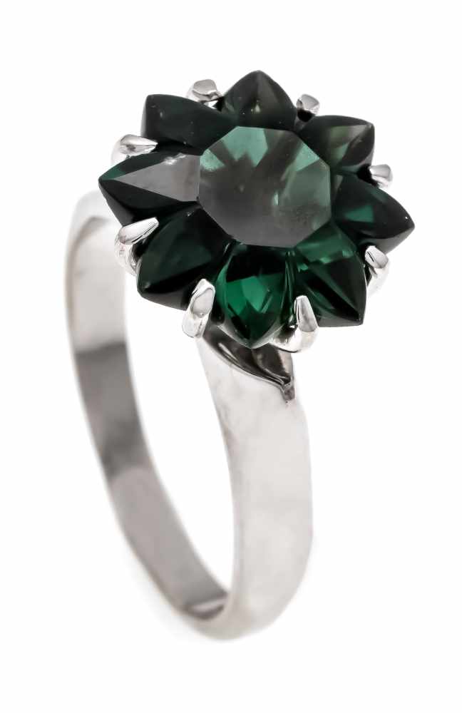 Edelstein-Ring WG 585/000 mit einem im Fantasieschliff fac. grünen Edelstein 13 mm, RG 53,4,9
