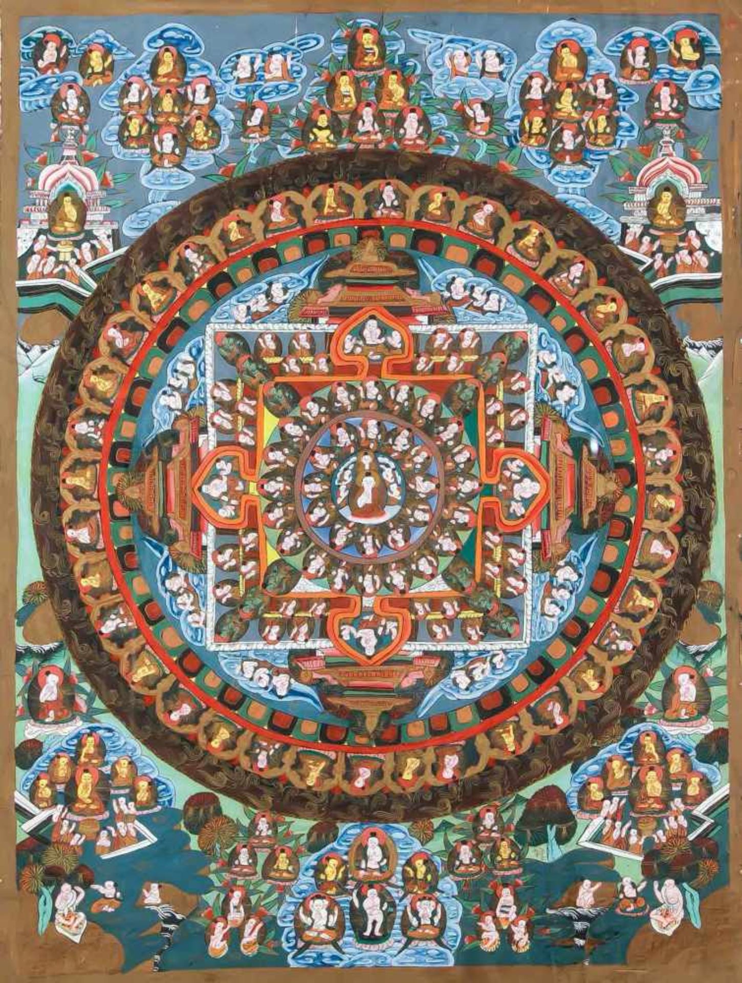 Thangka, Tibet, Anfang 20. Jh.?, polychrome Tempera-Malerei auf dünner Leinwand, zentralesMandala