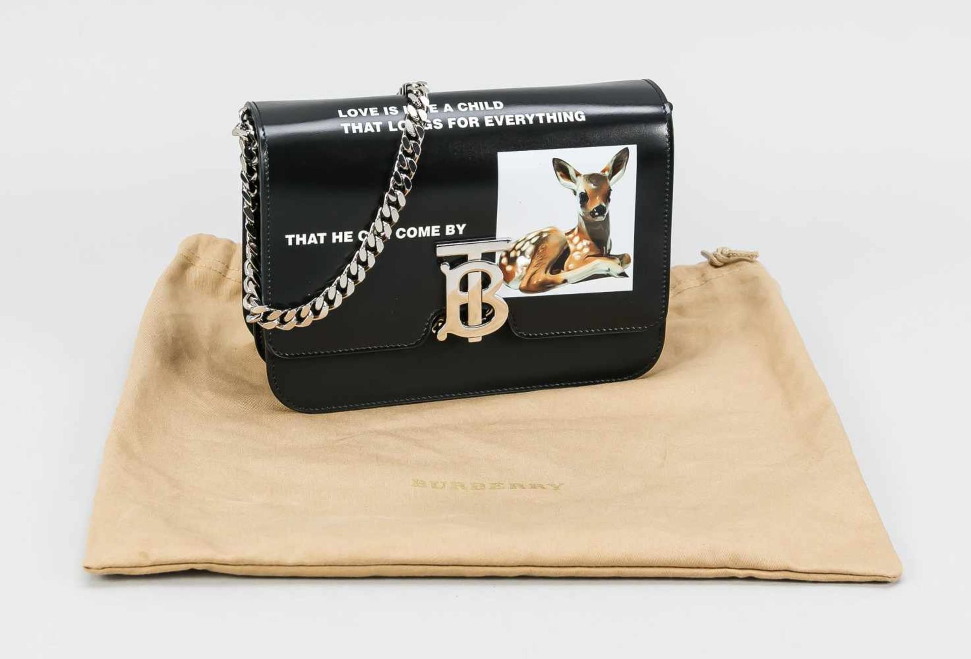 Burberry TB Handtasche Bambi, schwarzes Kalbslederleder mit schwarzen Nähten, silberf.Hardware,