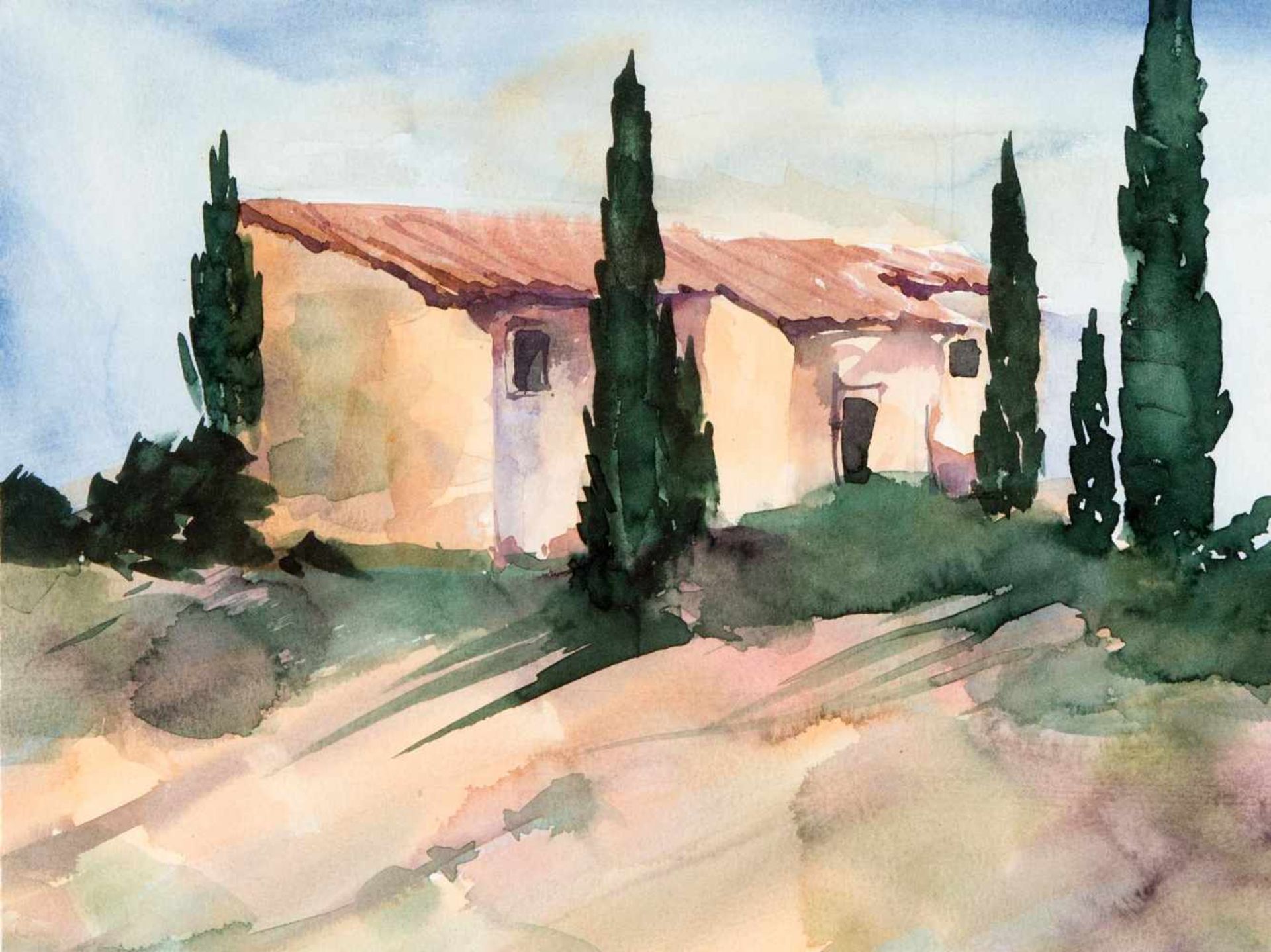 Anonymer Maler 2. H. 20. Jh., zwei Aquarelle, Landhaus in der Toskana sowie blühenderObstbaum, - Image 2 of 2