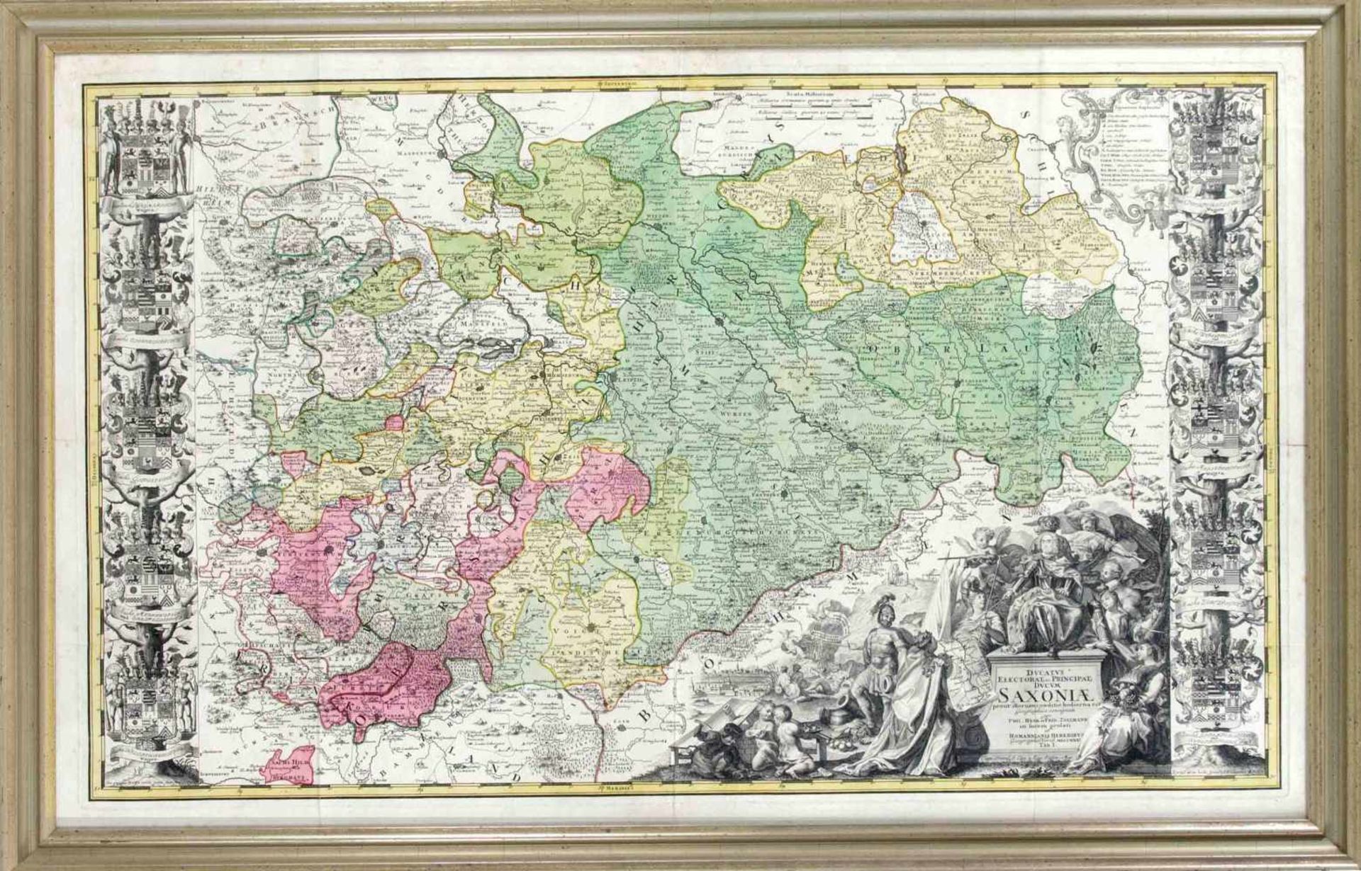 Große historische Karte von Sachsen, "Ducatus Electorat et Principat ducum Saxoniae",Kupferstich mit