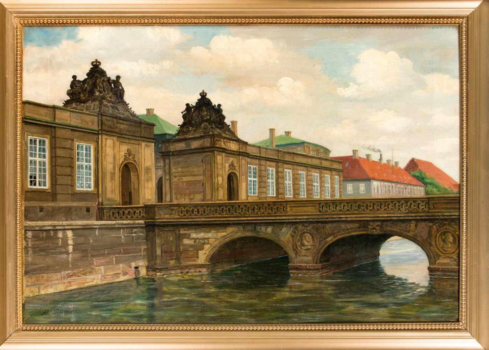 Albert Petersen (1875-1957), dänischer Genre- und Vedutenmaler, Ansicht einer Kanalbrückezu einem