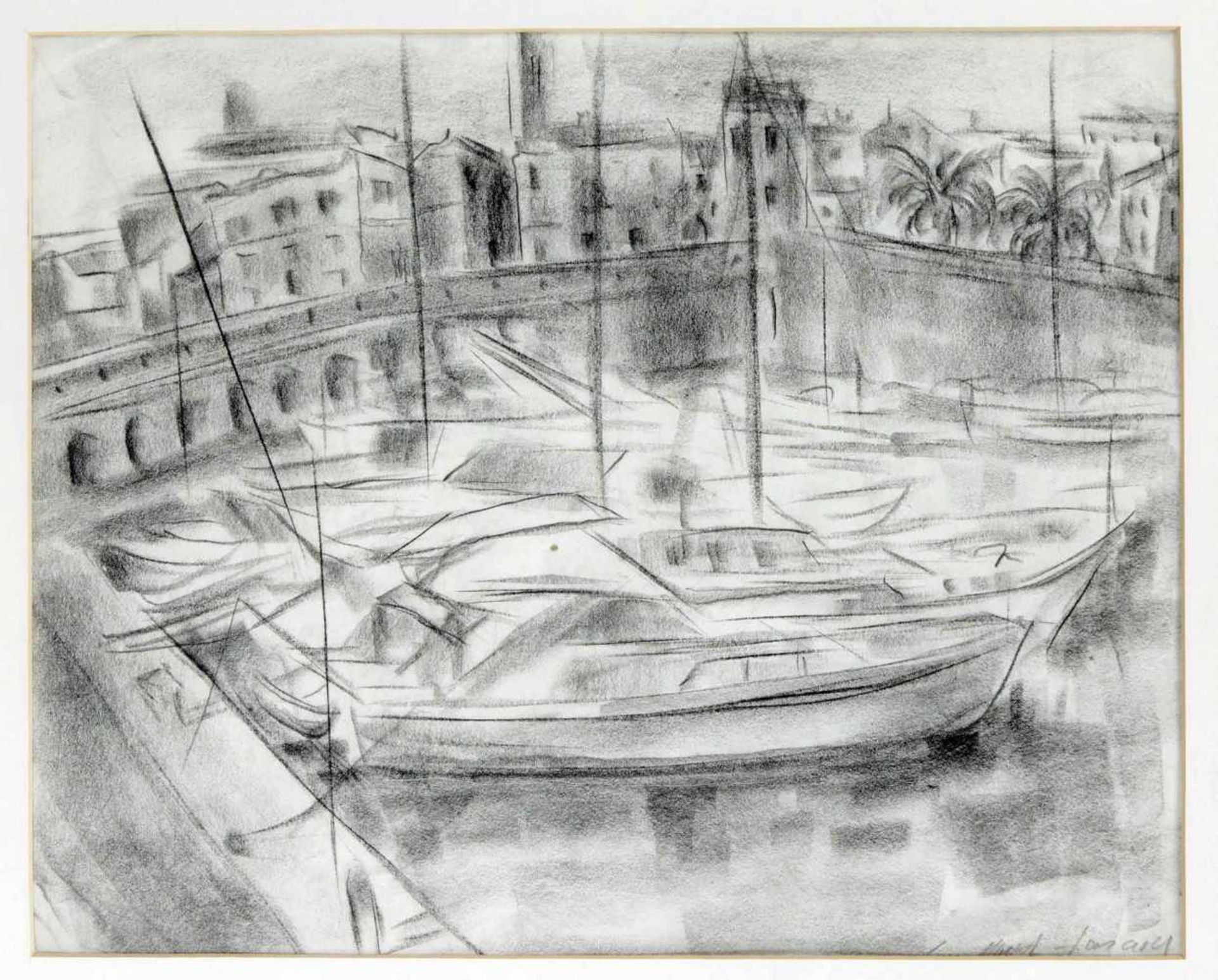 Lou Albert-Lasard (1885-1969, Im Hafen von Antibes, Kohlezeichnung auf Papier, u. re.handsign., 37 x