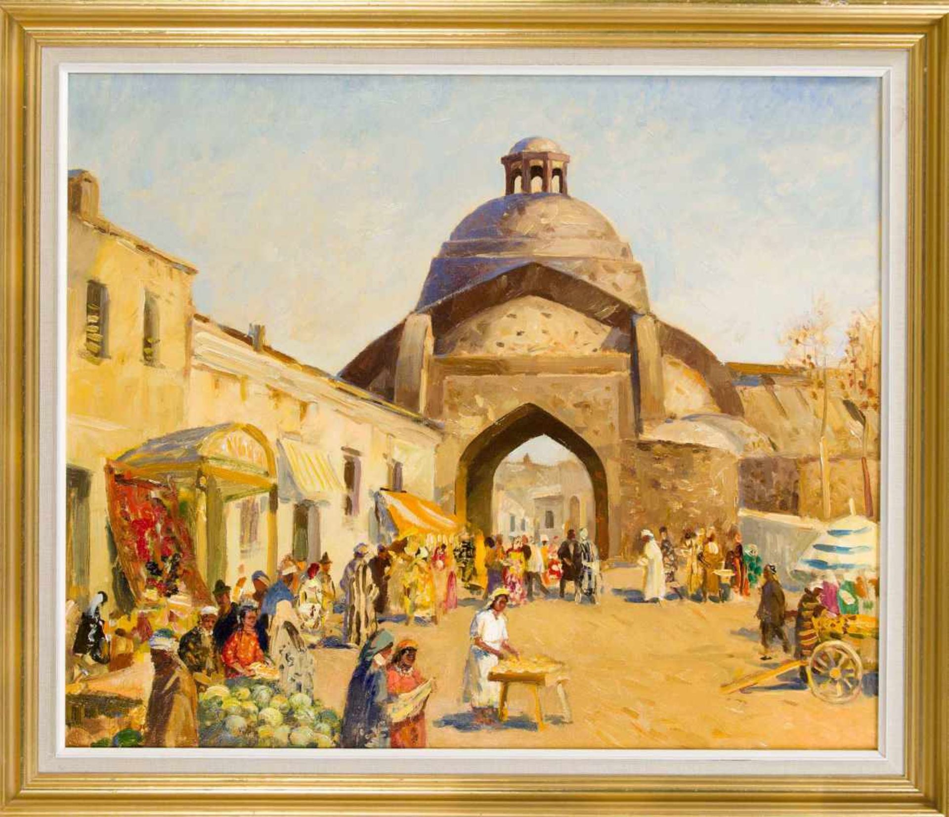 Iakov Besperstov (1929-1995) (attrib.), russischer Maler, Markttreiben vor einem Tor inBuchara, Öl