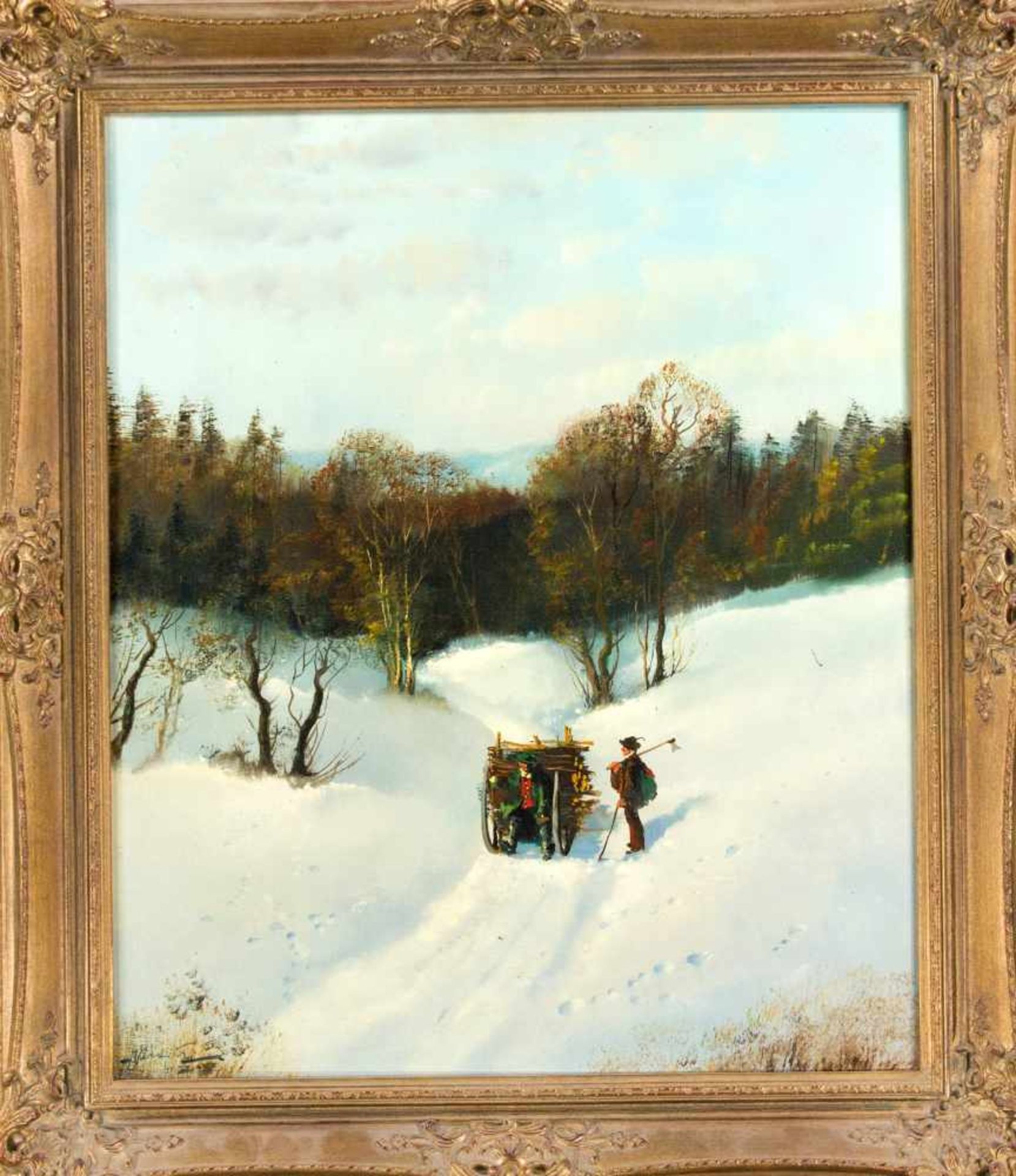 Unidentifizierter Maler 2. H. 20. Jh., Winterlandschaft mit zwei erschöpften Holzsammlernim