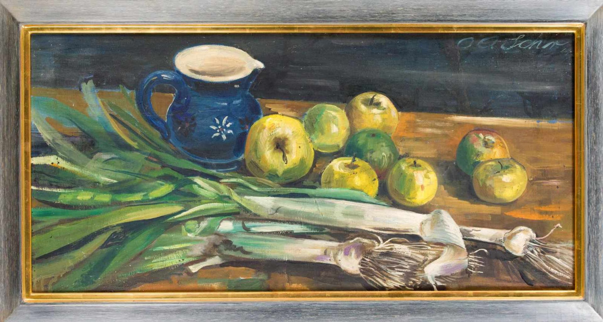 Unidentifizierter Maler 1. H. 20. Jh., Küchenstillleben mit Äpfeln und Lauch, Öl auf Lwd.,o. re.