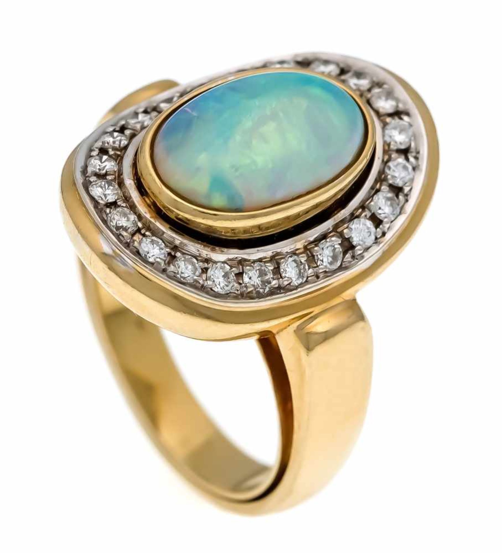 Opal-Brillant-Ring GG/WG 750/000 mit einem feinen Milchopalcabochon 12 x 7 mm mit sehrgutem