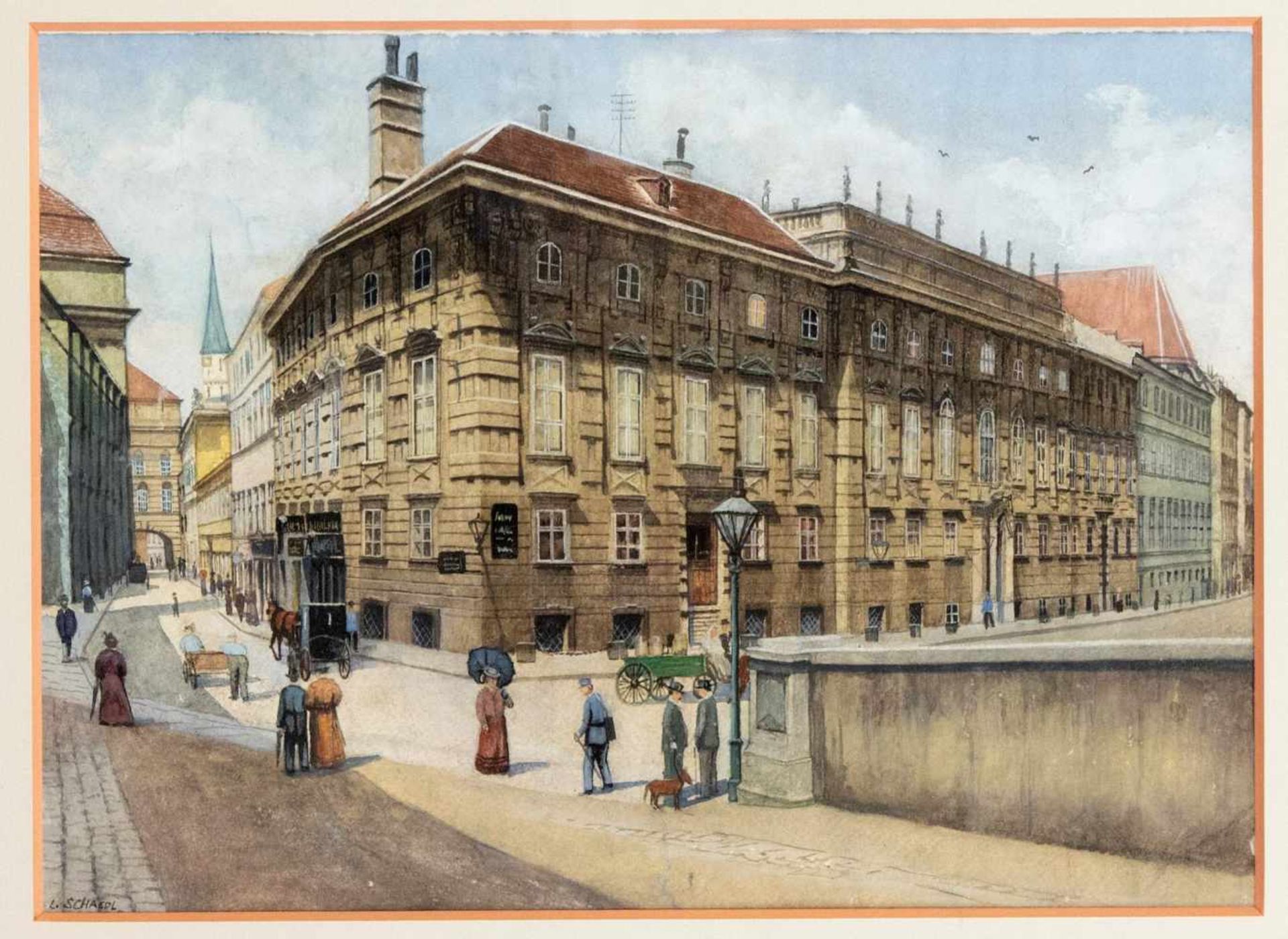 Ludwig Schaedl (1920-?), Wiener Vedutenmaler, Ansicht des Lobkowitzplatzes in Wien,Aquarell auf