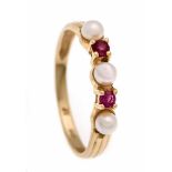 Rubin-Perlen-Ring GG 585/000 mit 2 rund fac. Rubinen 2 mm in guter Farbe und 3 Akoyaperlen3 mm, RG