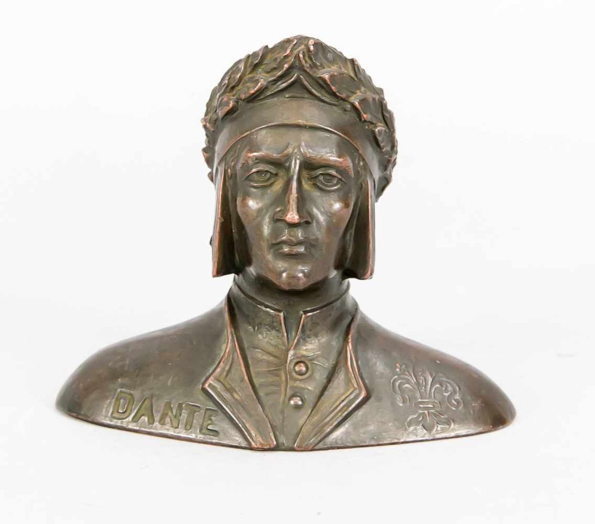 Anonymer Bildhauer um 1900, kleine Büste von Dante Alighieri, patinierter Metallguss ohnePlinthe,