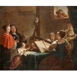 Niederländischer Genremaler um 1700, junge Frau an der Laute umgeben von allerlei Zuhörenund einem