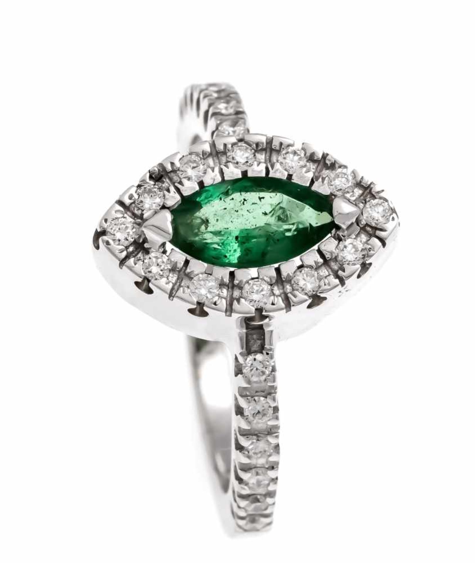 Smaragd-Brillant-Ring WG 585/000 mit einem fac. Smaragd-Navette 1,20 ct in sehr guterFarbe und