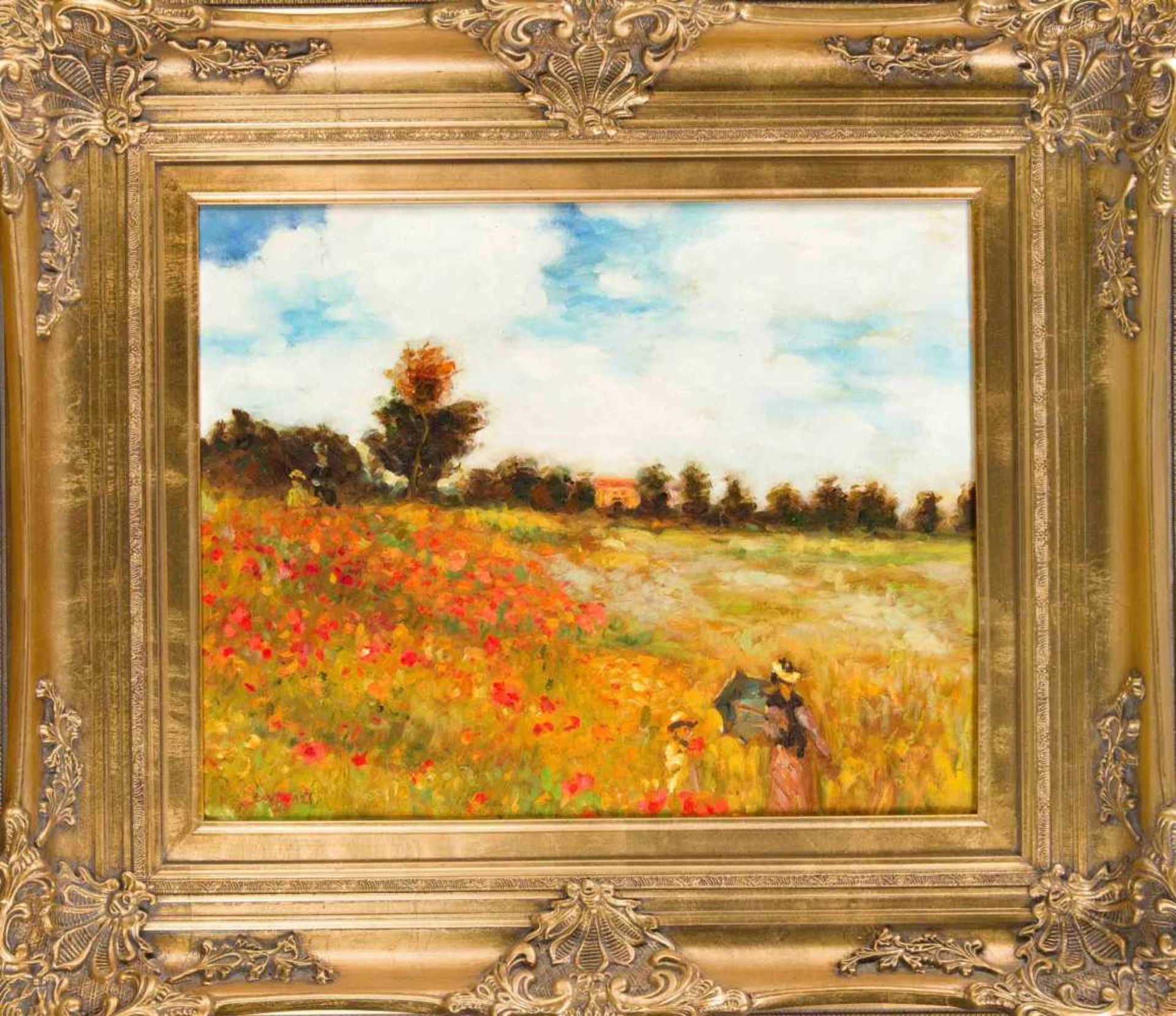 Maler im Stil des französischen Impressionismus, 2. H. 20. Jh., Sommerlandschaft mitFlaneuren auf