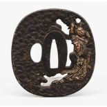 Tsuba, Japan, 19. Jh., Eisen, Kupfer, Gold und Silber. Abgerundet viereckige Form mitvegetabilem und