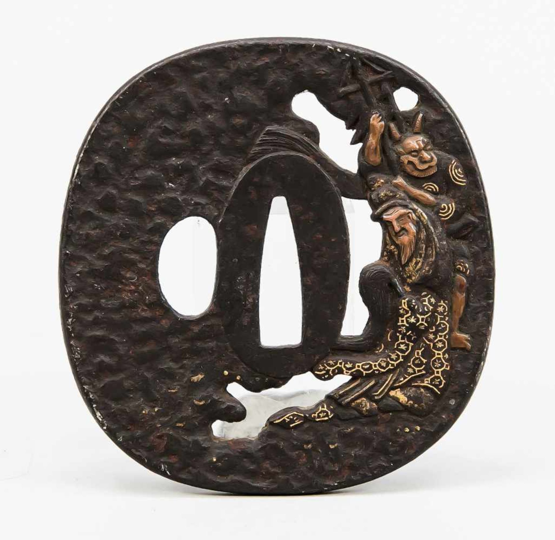 Tsuba, Japan, 19. Jh., Eisen, Kupfer, Gold und Silber. Abgerundet viereckige Form mitvegetabilem und