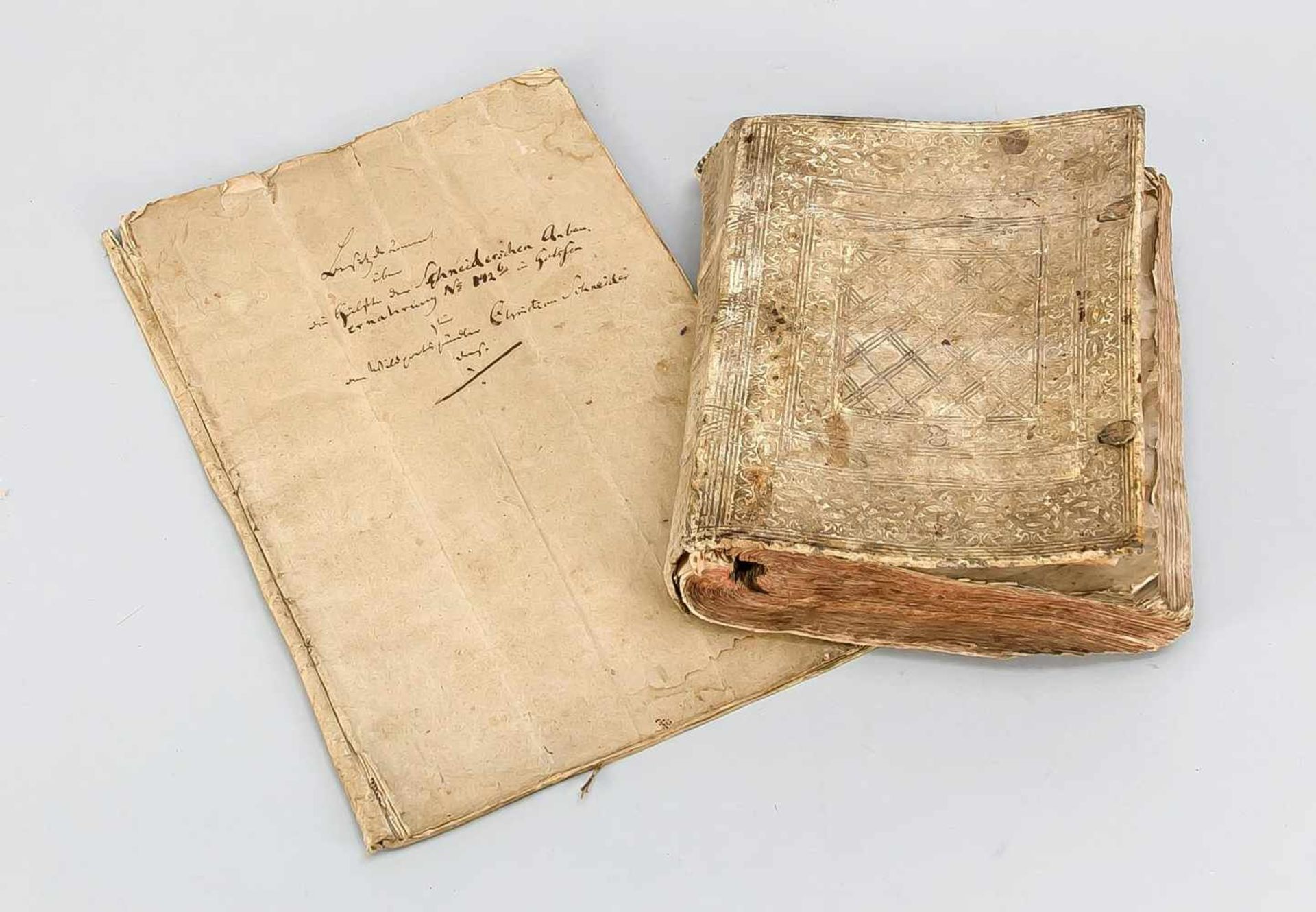 Zwei Manuskripte des 19. Jh., eine umfangreiche Handschrift, deutsch, in einem geprägtenLedereinband