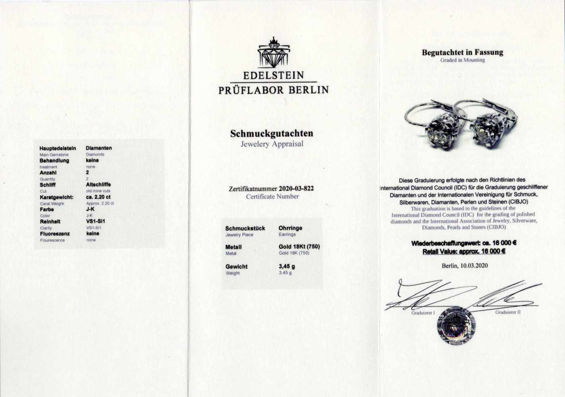 Altschliff-Diamant-Ohrringe WG 750/000 mit 2 Altschliff-Diamanten, zus. 2,20 ct l.get.W -get.W (J- - Bild 2 aus 2