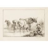 Großes Konvolut von 40 Zeichnungen d. 19. Jh., viele mit Schweizer Bezug, daruntertrinkende Kühe mit