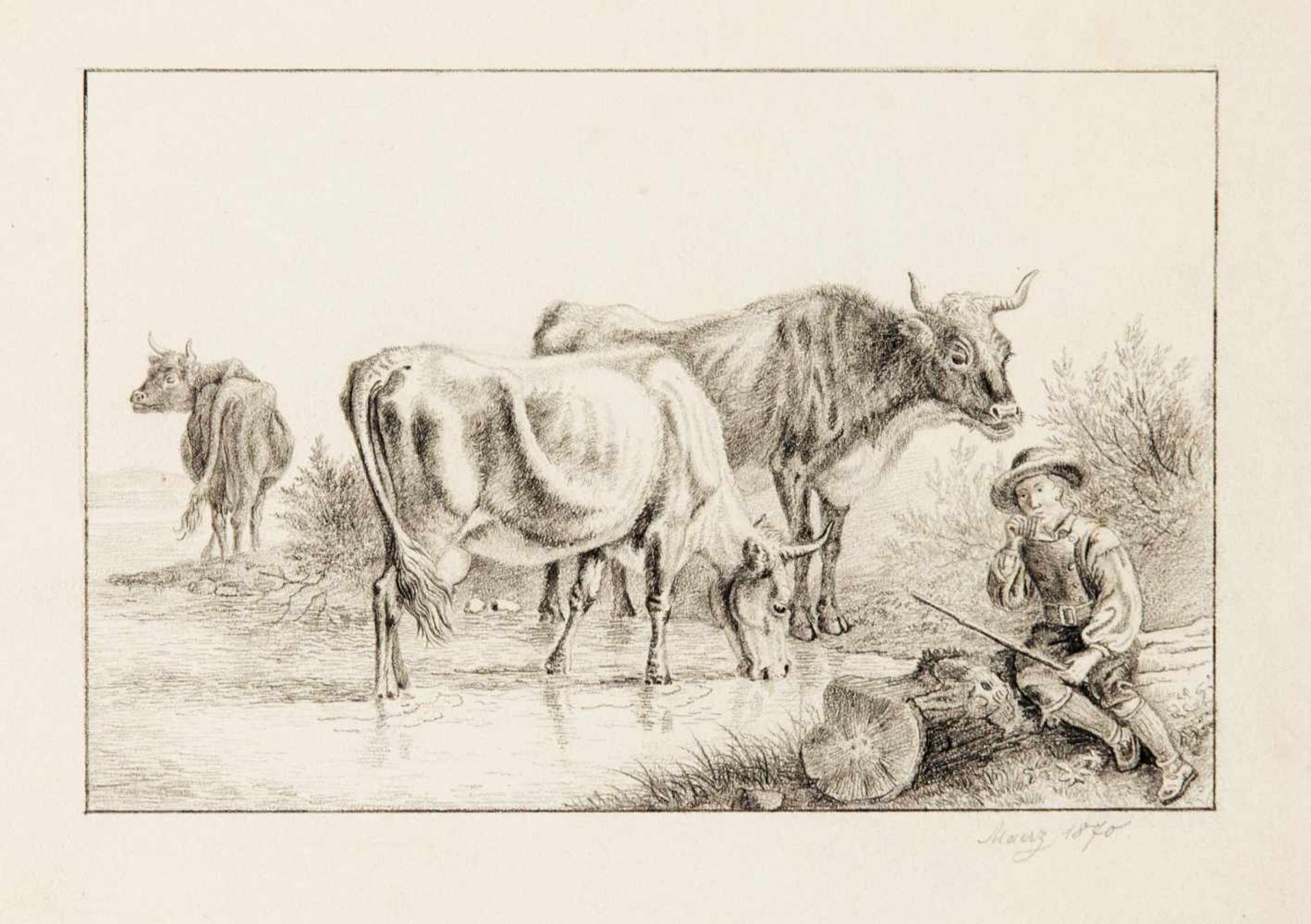 Großes Konvolut von 40 Zeichnungen d. 19. Jh., viele mit Schweizer Bezug, daruntertrinkende Kühe mit