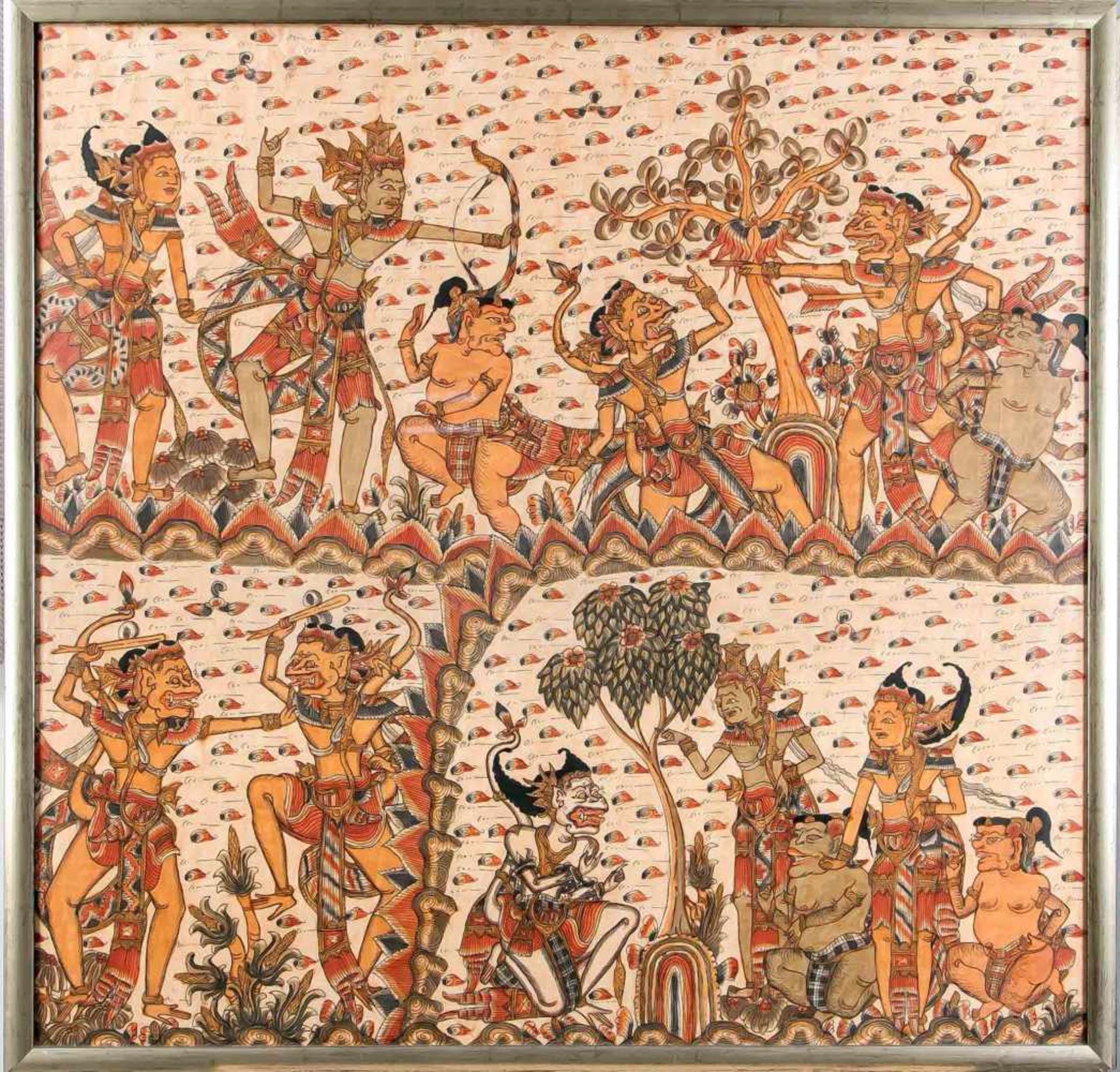 Malerei auf Stoff, Südostasien (Indonesien?), 20. Jh., Hinter Glas gerahmt, 80 x 84 cm