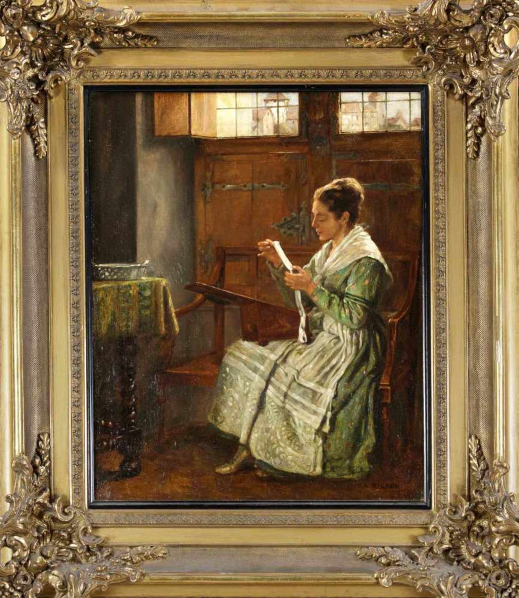 August Rieper (1865-1940), "Sonntagsstille", Dame bei der Hausarbeit in dunklem Interieur,Öl auf