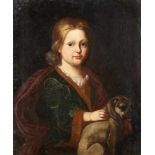 Bildnismaler um 1700, Portrait eines aristokratischen Mädchens mit Schoßhund (Mops?), Ölauf Lwd.,