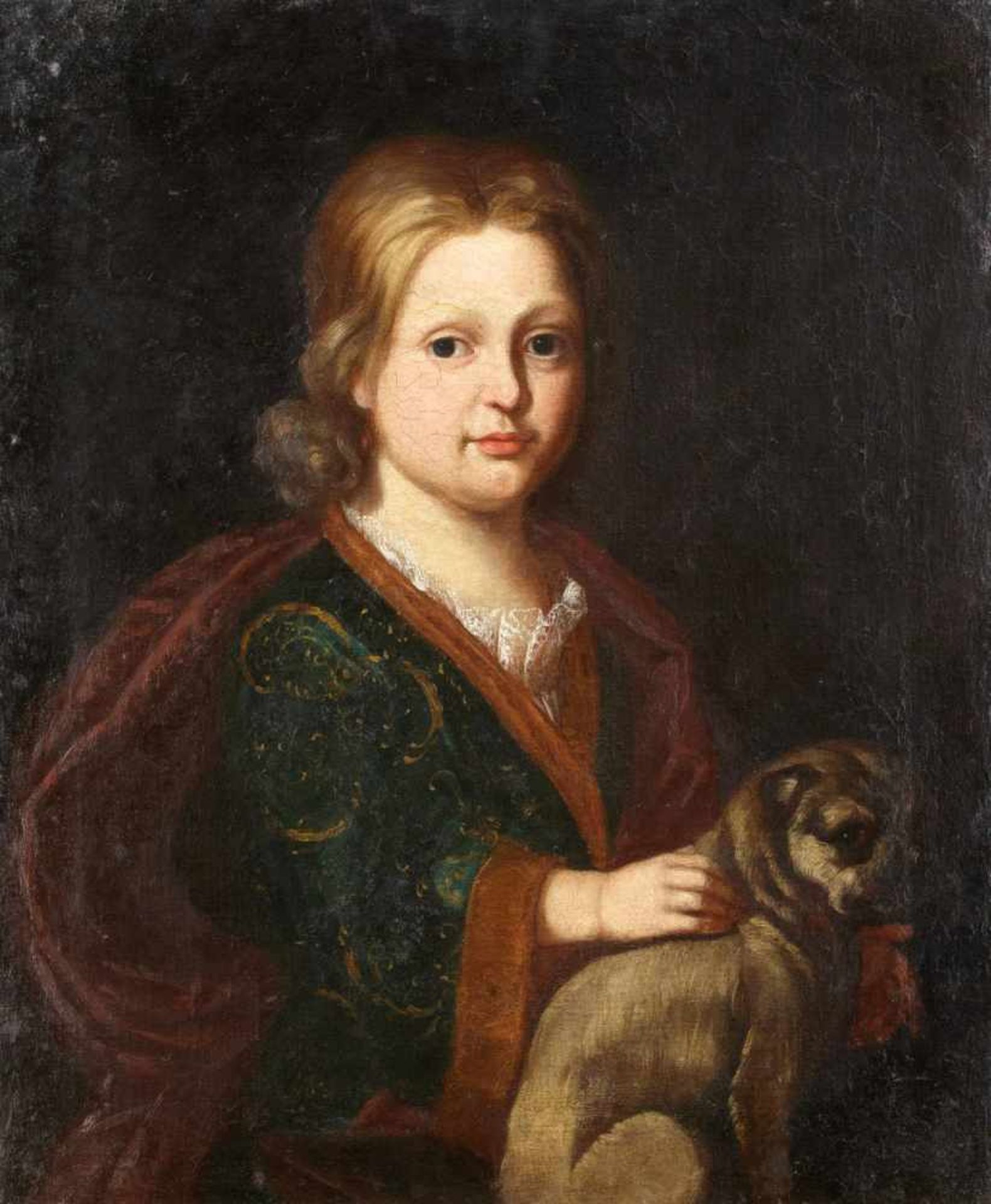 Bildnismaler um 1700, Portrait eines aristokratischen Mädchens mit Schoßhund (Mops?), Ölauf Lwd.,