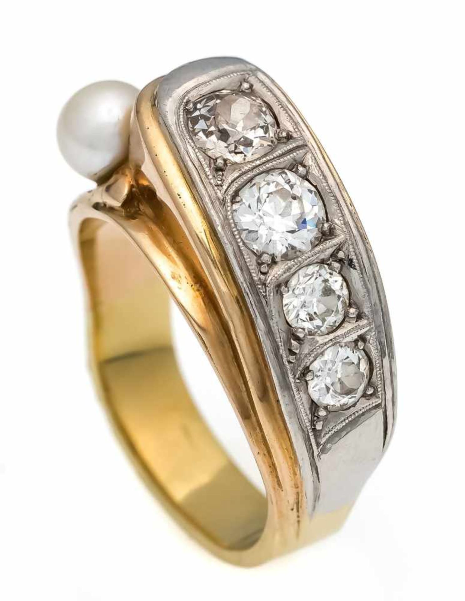 Akoya-Altschliff-Diamant-Ring GG/WG 585/000 mit einer Akoyaperle 6,0 mm und 4Altschliff-Diamanten,