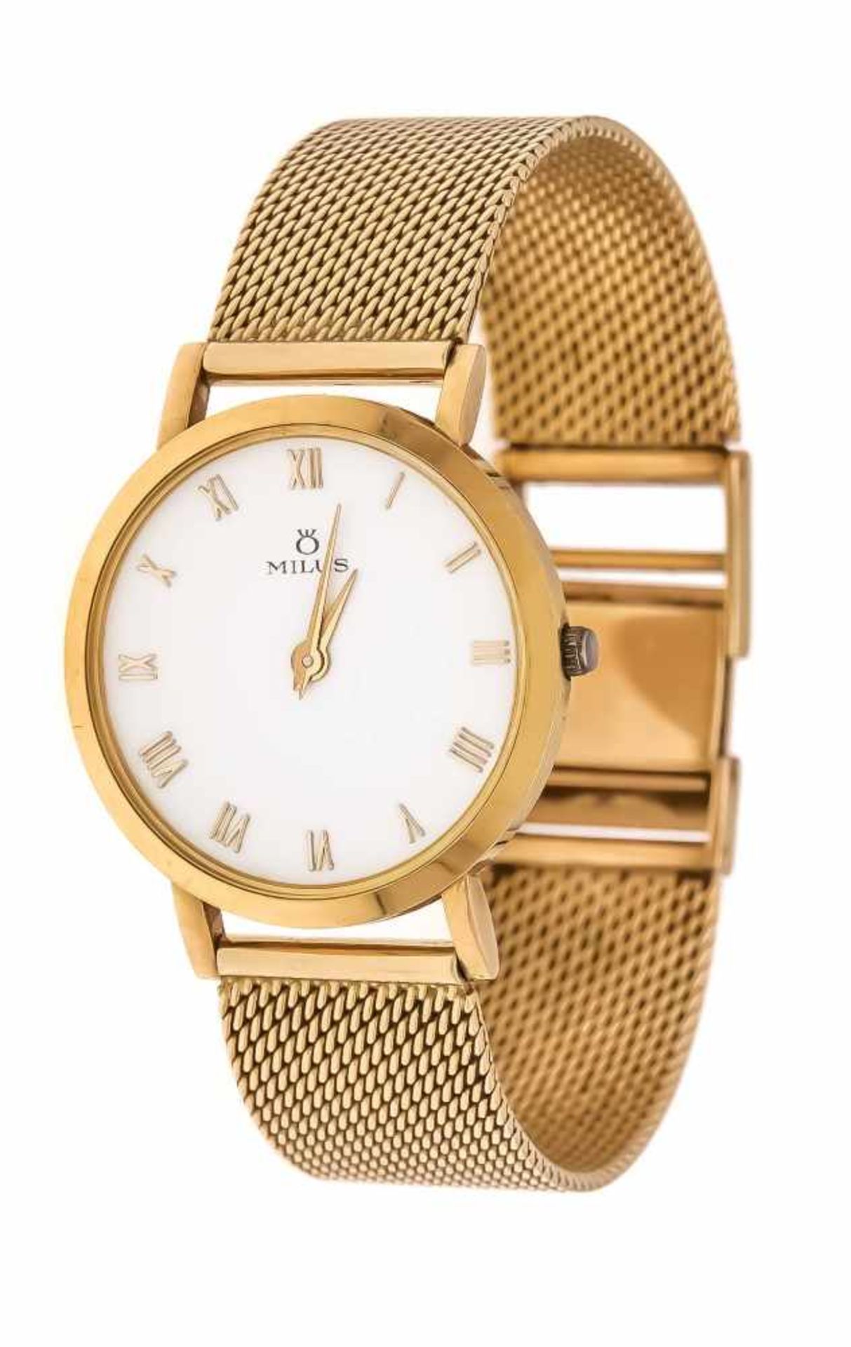 Milus Damenquarzuhr, GG 750/00, Uhrband Milanaise GG 585/000, weißes Zifferblatt mitvergoldeten röm.