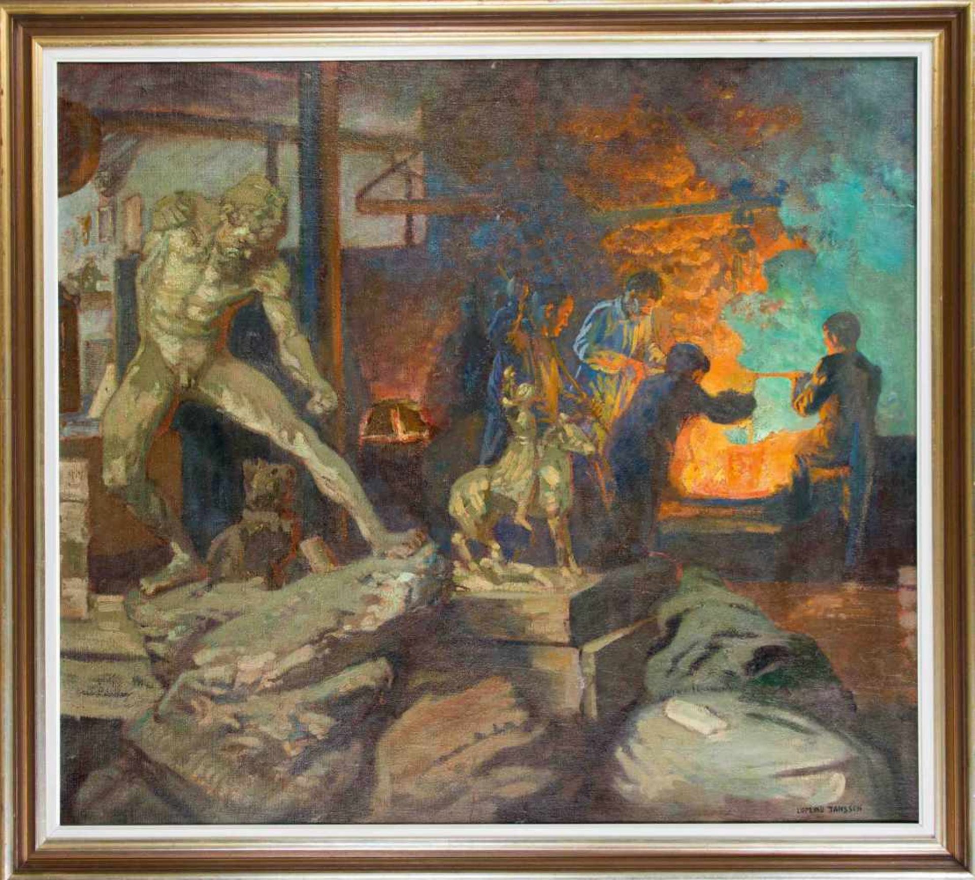 Luplau Janssen (1869-1927), dänischer Genremaler. In der Bronzegiesserei. Vomglutflüssigen Metall