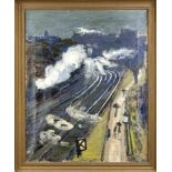 Kay Christensen (1899-1981), Landschaft mit dynamischer Darstellung einer Dampflokomotive,Öl auf