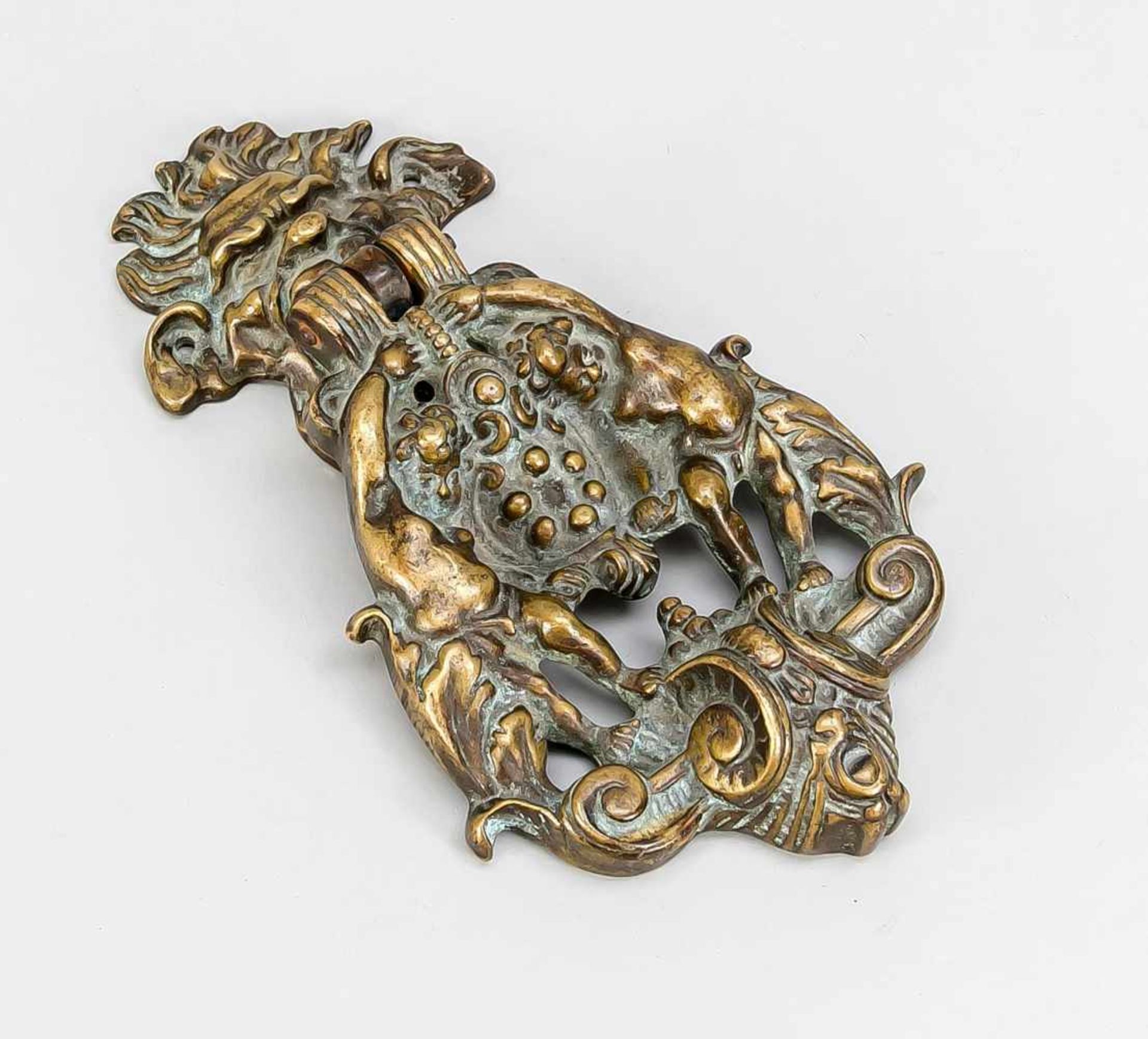 Großer dekorativer Historismus-Türklopfer um 1890, Bronze gegossen und patiniert, unbez.,plastischer