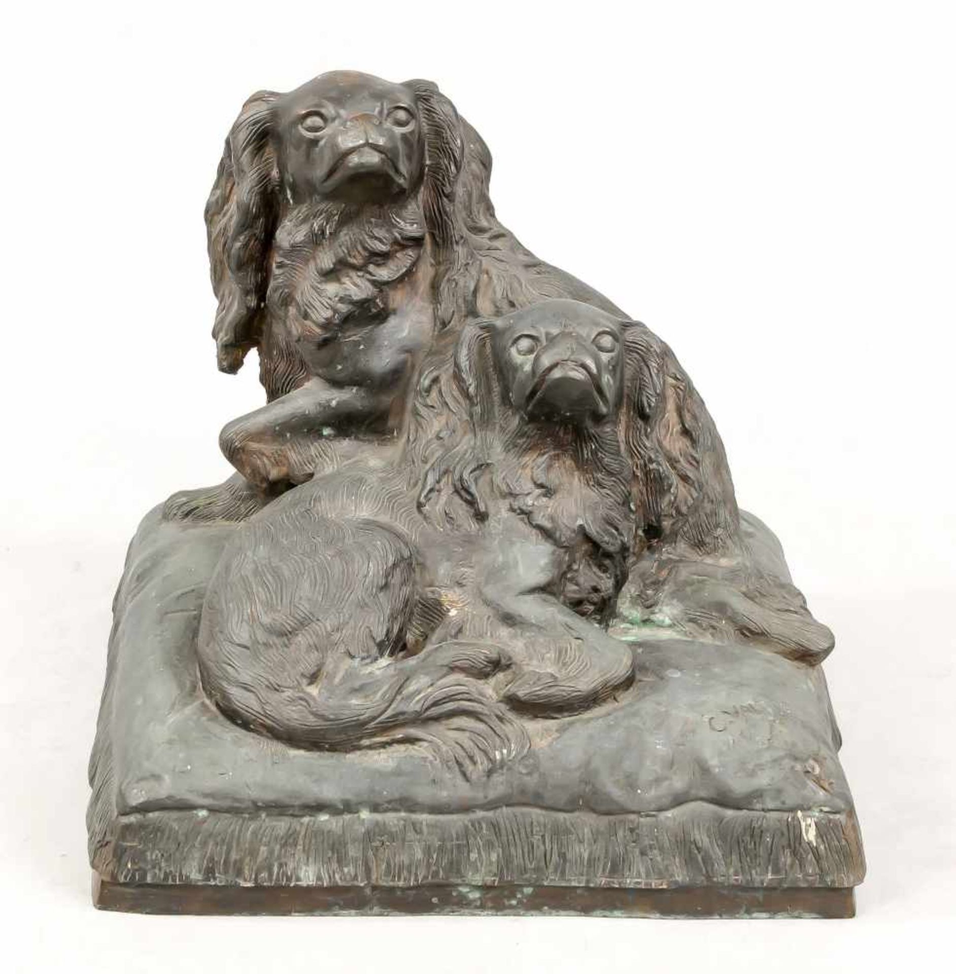 Charles Valton (1851-1918), nach, große Skulpturengruppe zweier Schoßhündchen auf einem