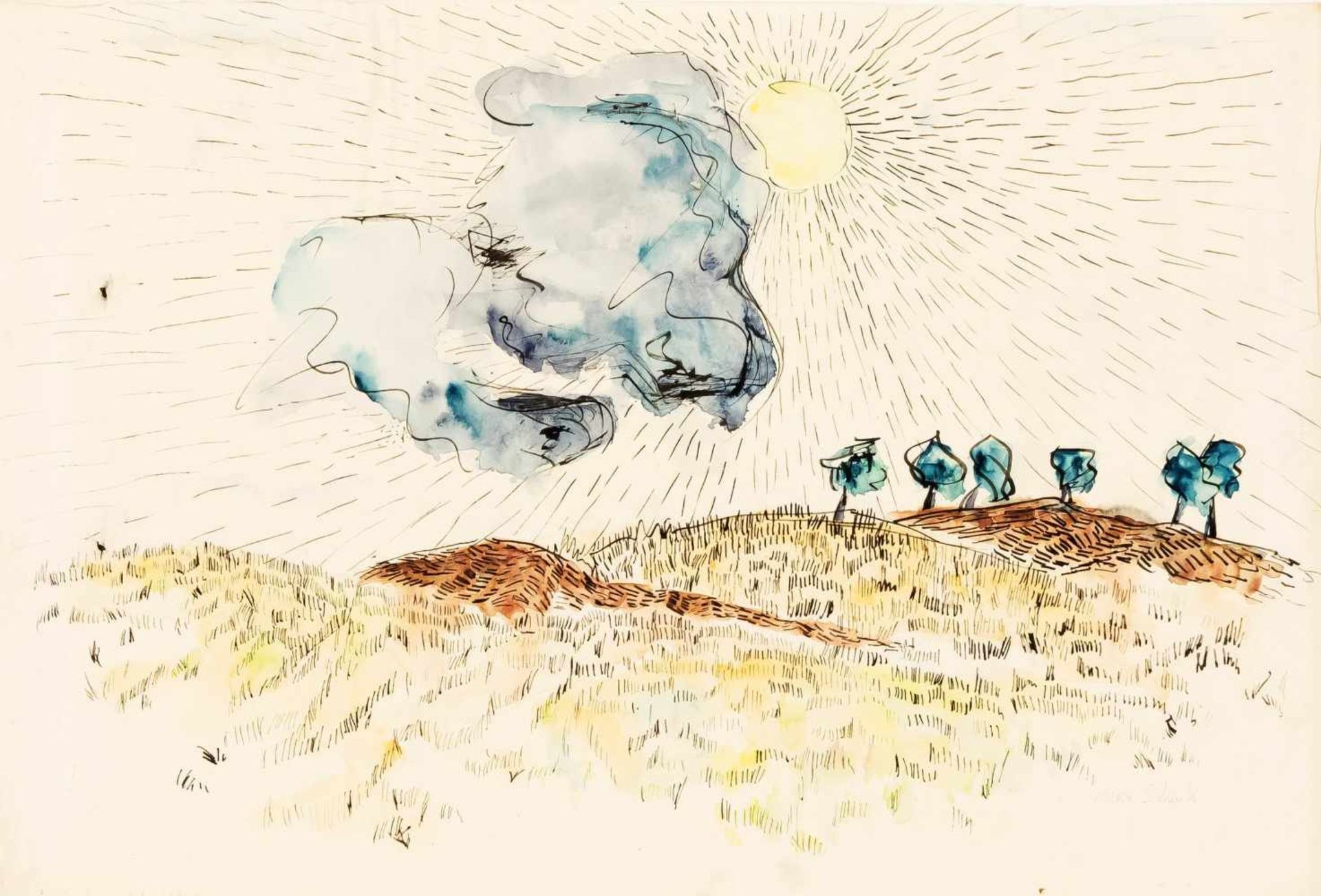 Max Schenk (1897-1972), Landschaft mit Wolke, Aquarell über Feder auf Papier, u. re.