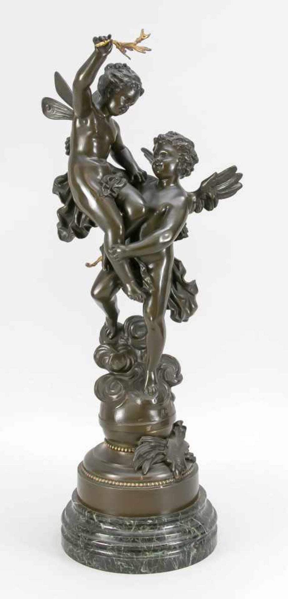 Ernest Rancoulet (1842-1918), große Bronzegruppe "Triumphato", junges Engelpärchen sich