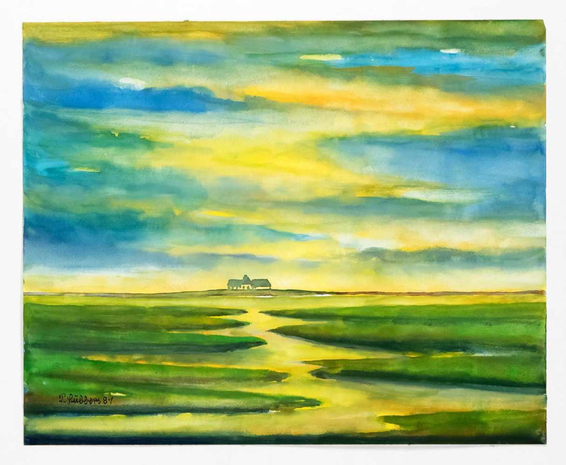 Peter Lübbers (1934-1982), drei Aquarelle: 2 x Halligen in der Nordsee im Abendlicht,