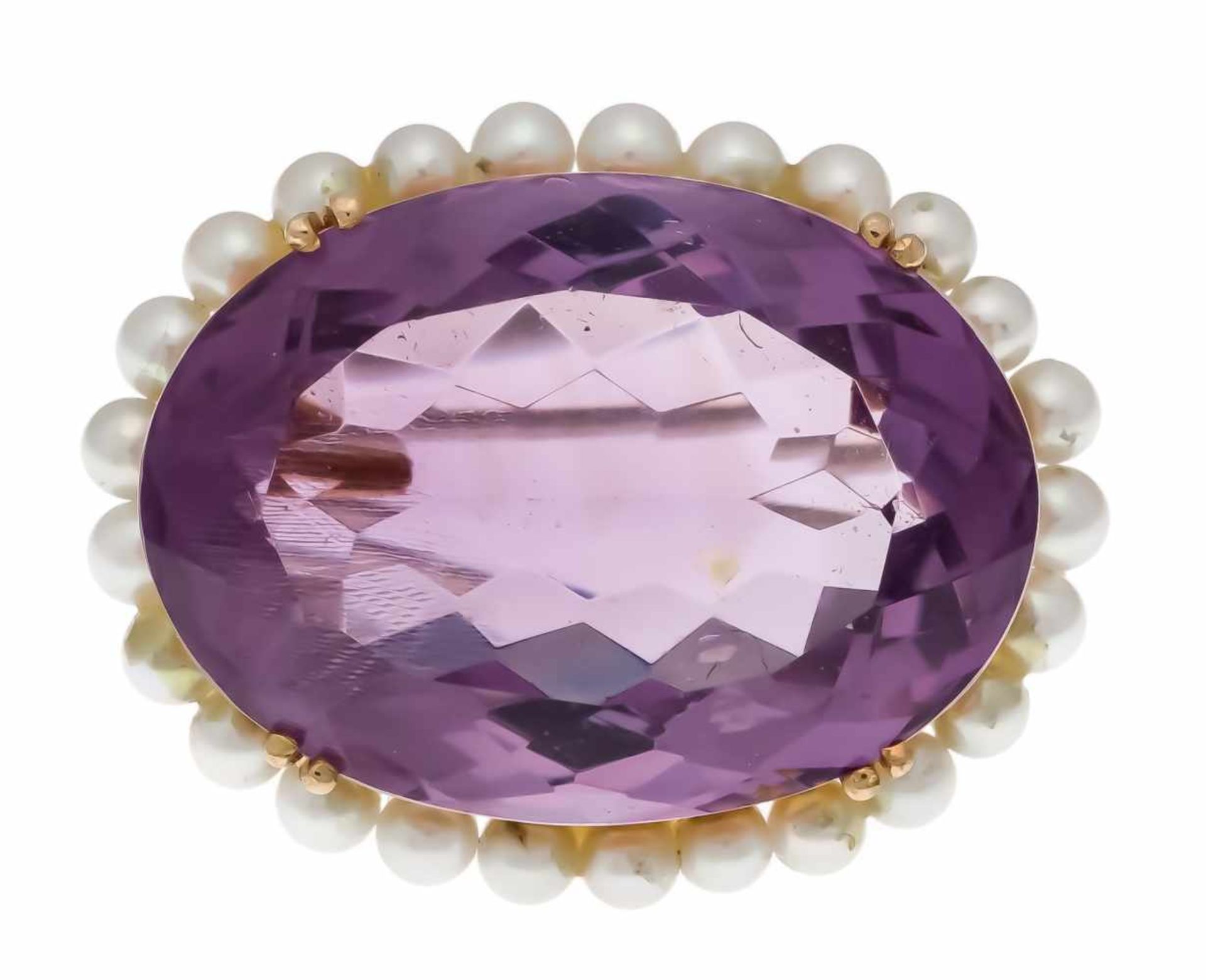 Amethyst-Perlen-Brosche GG 750/000 ungest., gepr., mit einem oval fac. Amethyst 29 x 21 mm