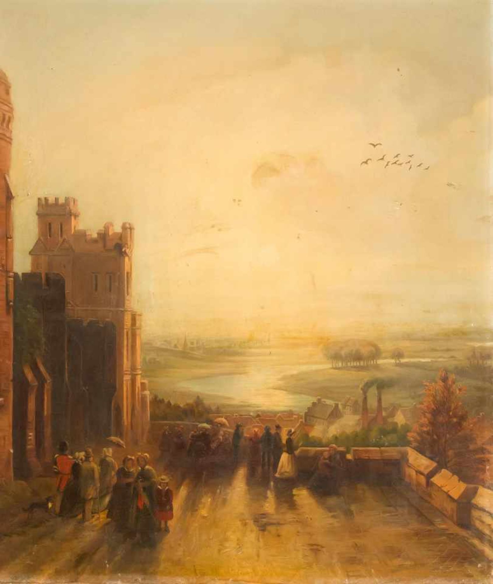 Anonymer Maler des 19. Jh., Blick von einer Burg ins Flußtal mit reicher Staffage, Öl auf