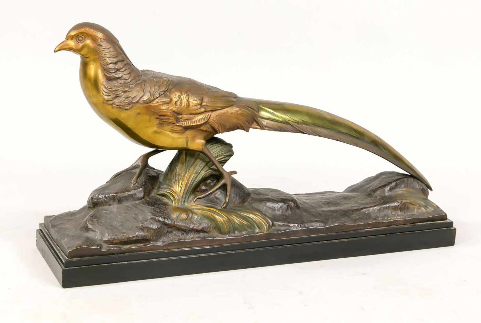 R. Pollin, Bildhauer des Art Déco um 1920, stilisierter Fasam, patinierte Bronze, in der