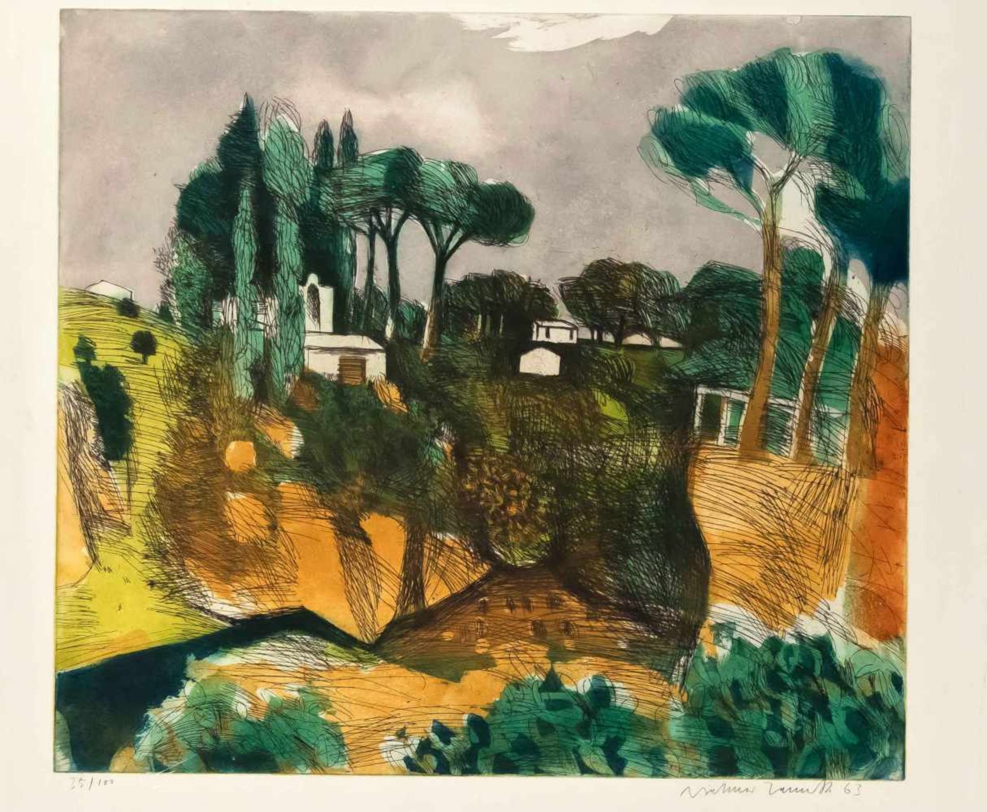 Dietmar Lemcke (1930-2020), italienische Landschaft, Farbradierung, 1963, unten rechts