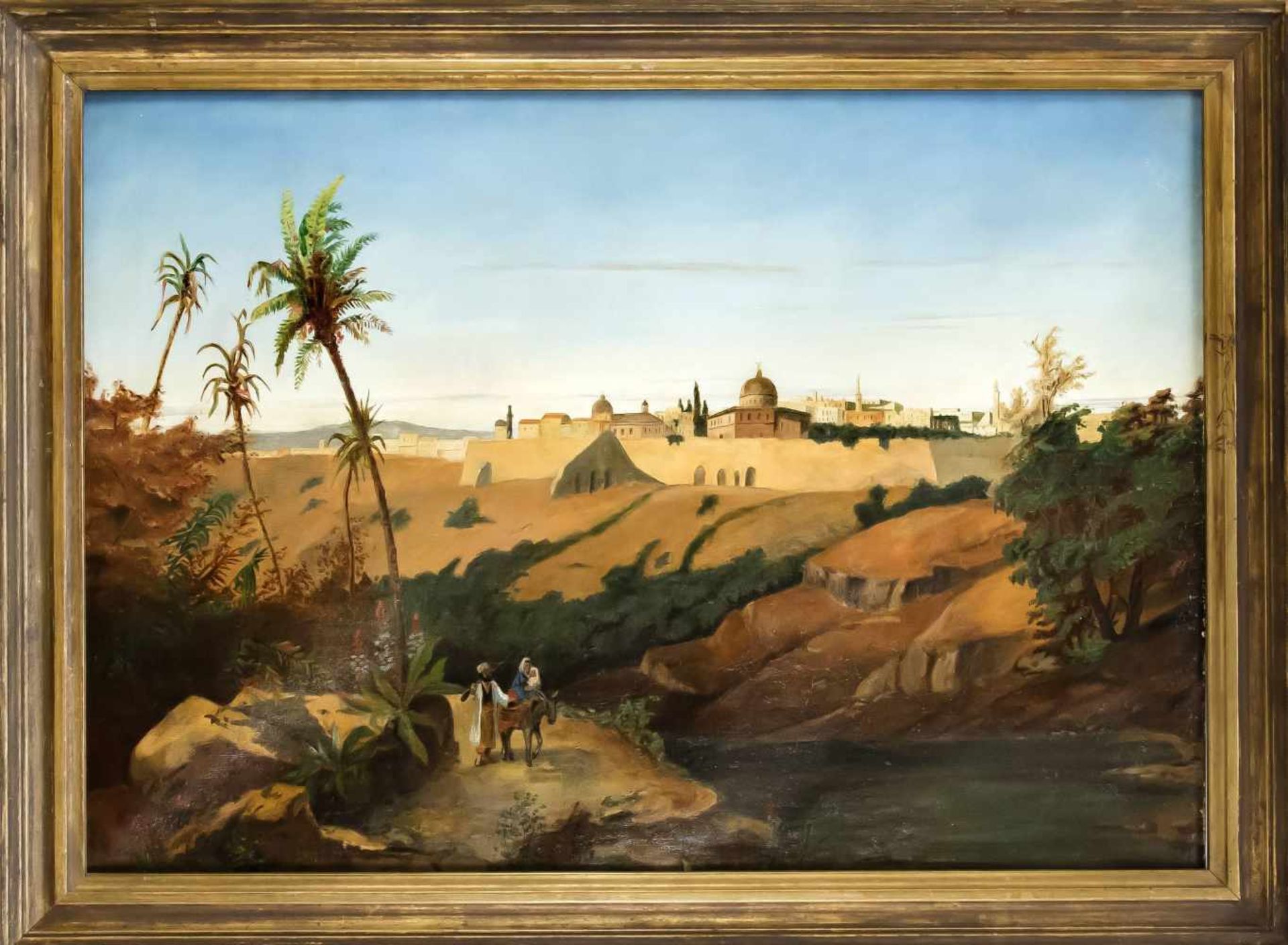 Erich Krüger, Landschaftsmaler des 19. Jh., große Ansicht von Jerusalem, Öl/ Lwd., u. li.